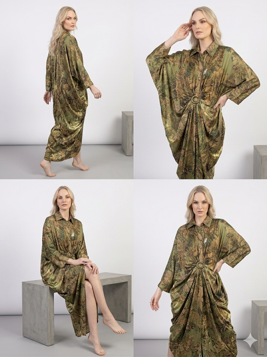 Olive Green Botanical Print Satin Ring-Tie Maxi Dress – TRY ME