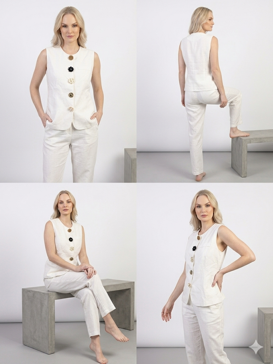 White Embellished Button Vest & Trouser Co-ord Set – TRY ME