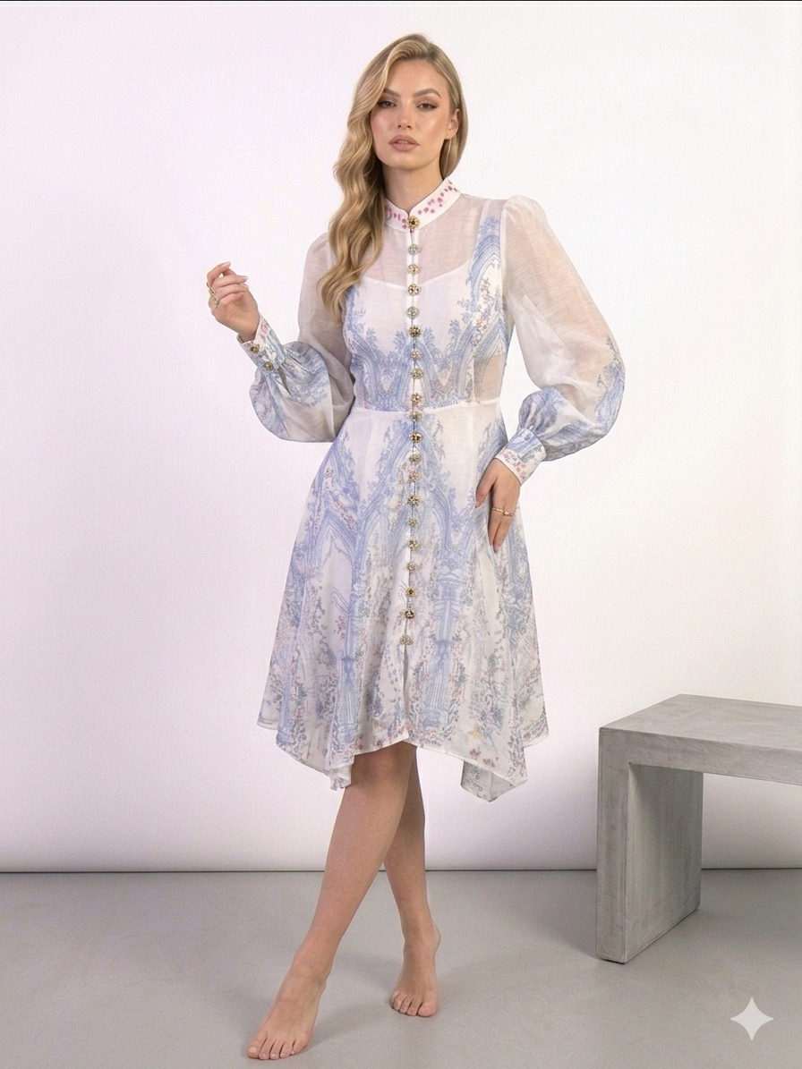 White & Blue Floral Organza Jewel-Button Midi Dress – TRY ME