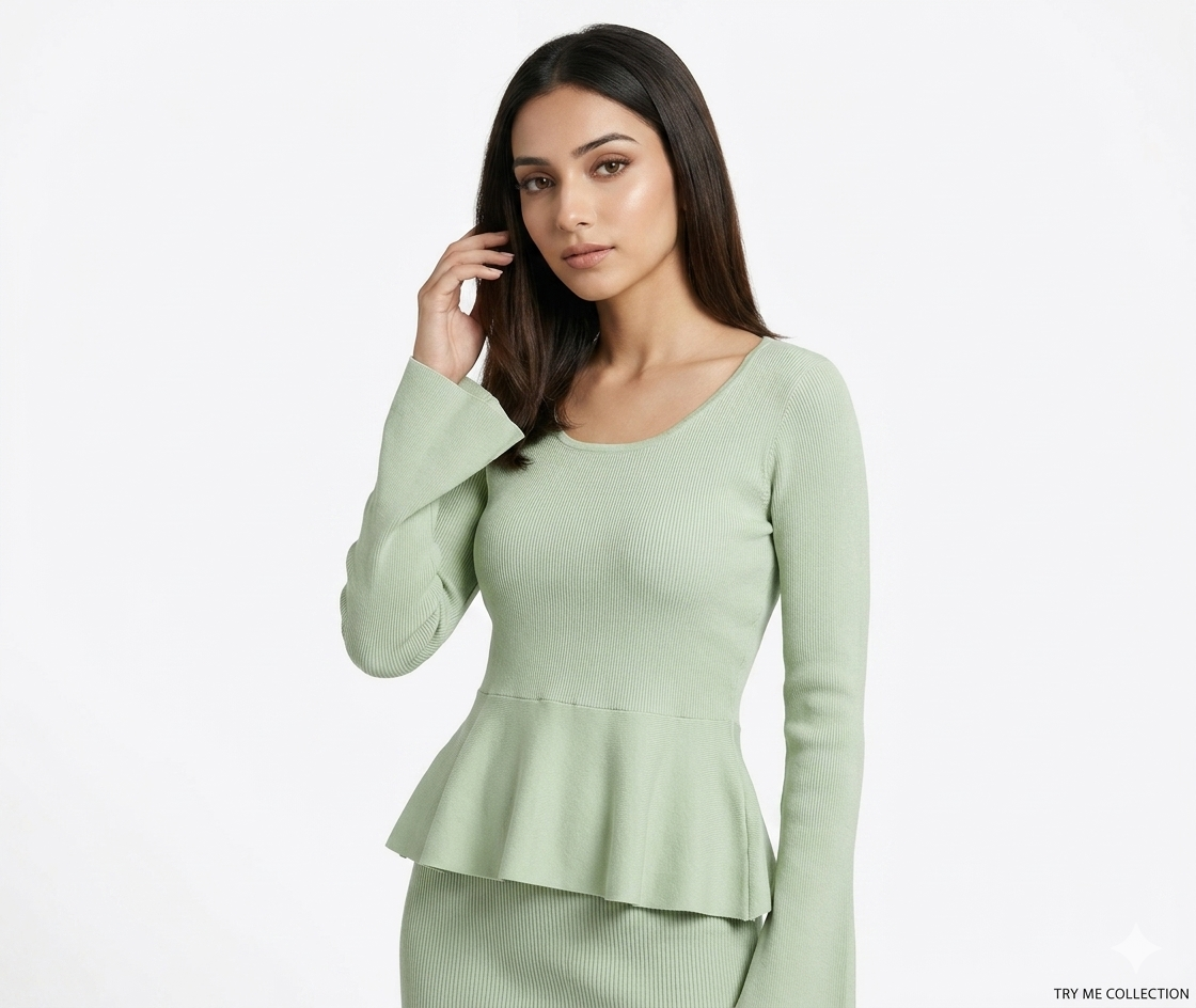 Sage Green Ribbed Knit Peplum Top & Midi Skirt Co-ord Set – TRY ME