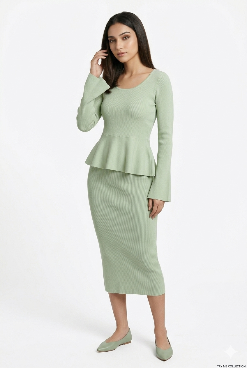 Sage Green Ribbed Knit Peplum Top & Midi Skirt Co-ord Set – TRY ME