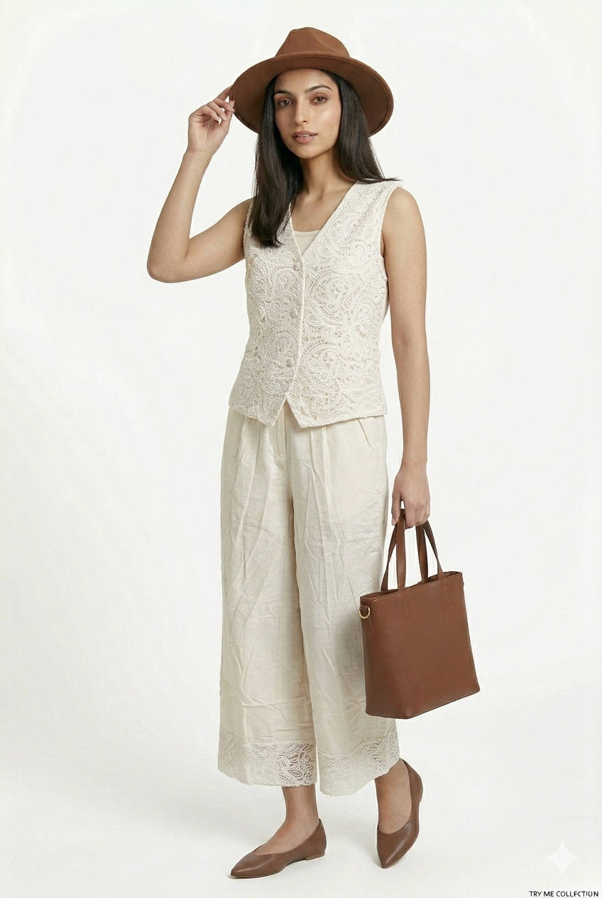 Ivory Chikankari Embroidered Vest & Wide-Leg Trouser Co-ord Set – TRY ME