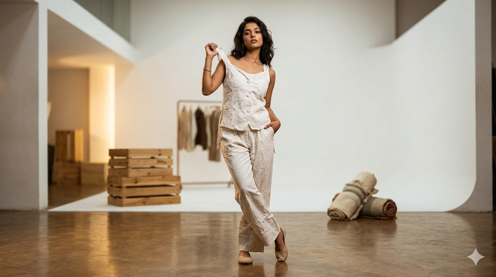 Ivory Chikankari Embroidered Vest & Wide-Leg Trouser Co-ord Set – TRY ME