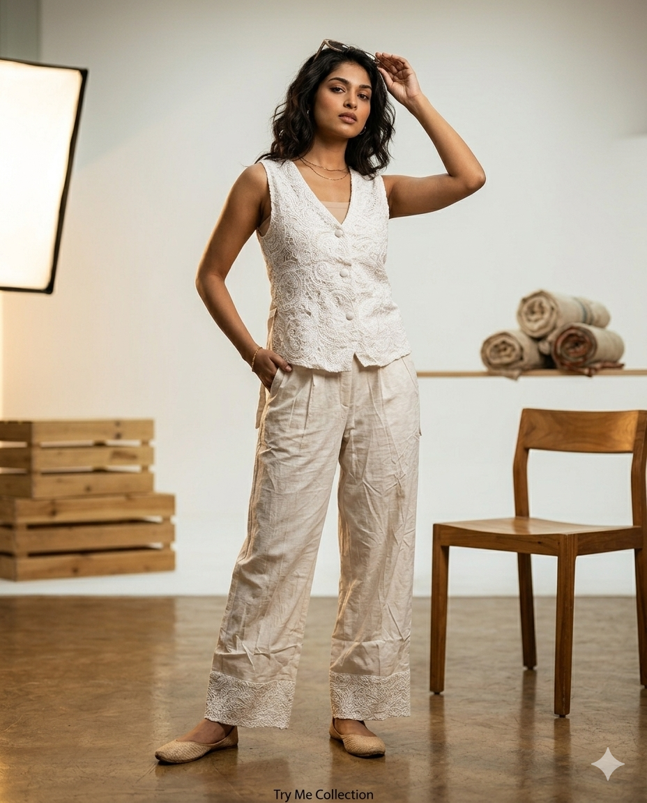 Ivory Chikankari Embroidered Vest & Wide-Leg Trouser Co-ord Set – TRY ME