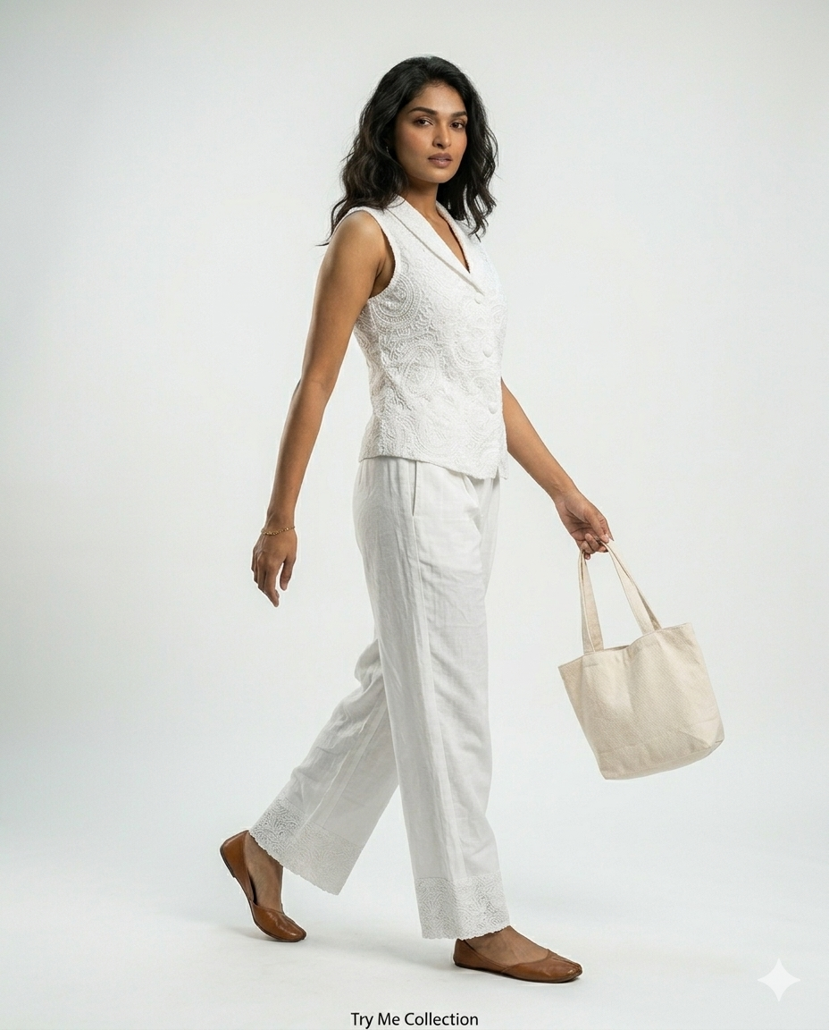 White Chikankari Embroidered Blazer Vest & Wide-Leg Trouser Co-ord Set – TRY ME