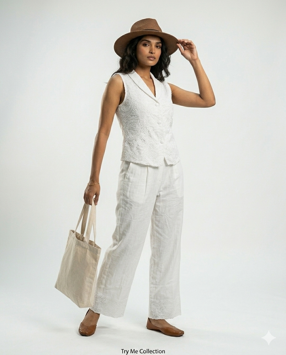 White Chikankari Embroidered Blazer Vest & Wide-Leg Trouser Co-ord Set – TRY ME