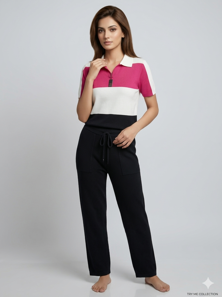 Pink & White Colourblock Zip Polo Crop Top & Black Jogger Co-ord Set – TRY ME