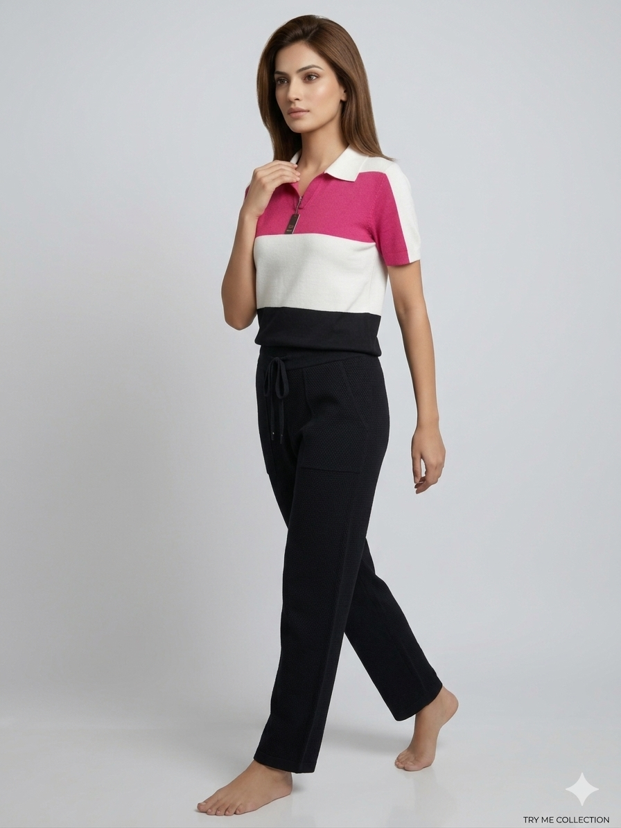 Pink & White Colourblock Zip Polo Crop Top & Black Jogger Co-ord Set – TRY ME