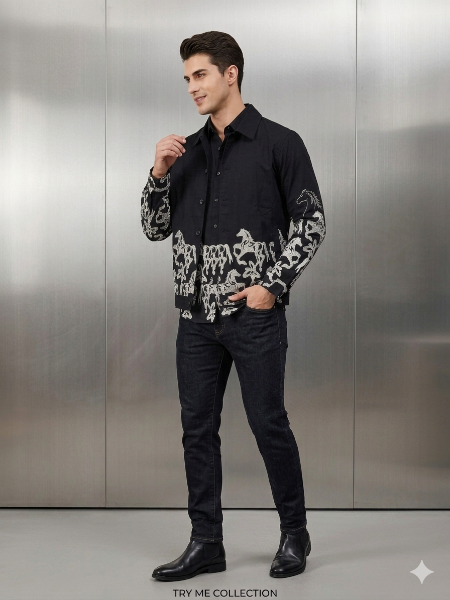 Black Wild Horse Embroidered Premium Casual Shirt – TRY ME