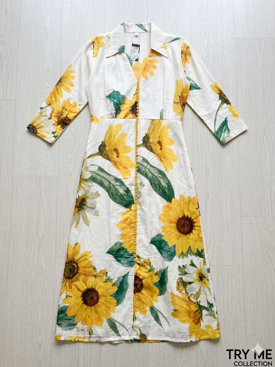 Sunflower Print Button-Front Maxi Shirt Dress – TRY ME