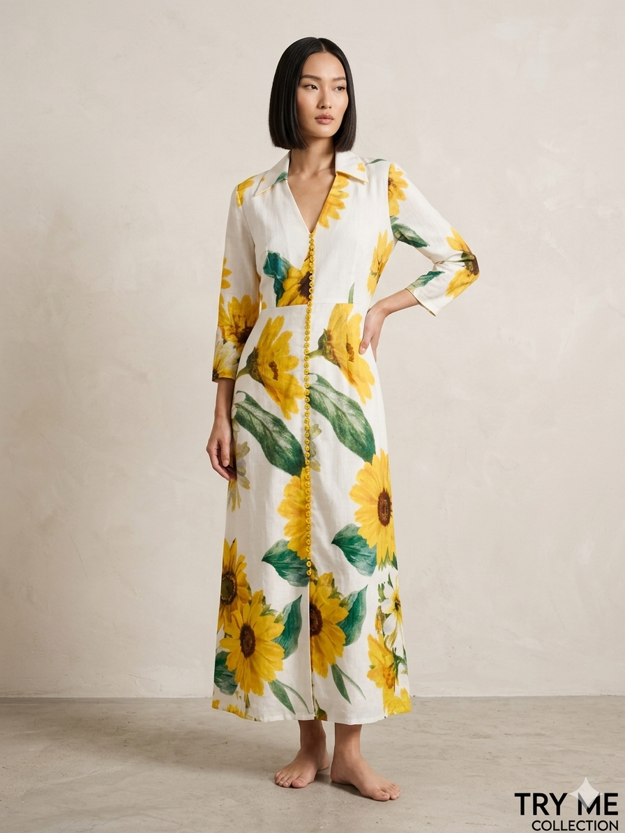 Sunflower Print Button-Front Maxi Shirt Dress – TRY ME