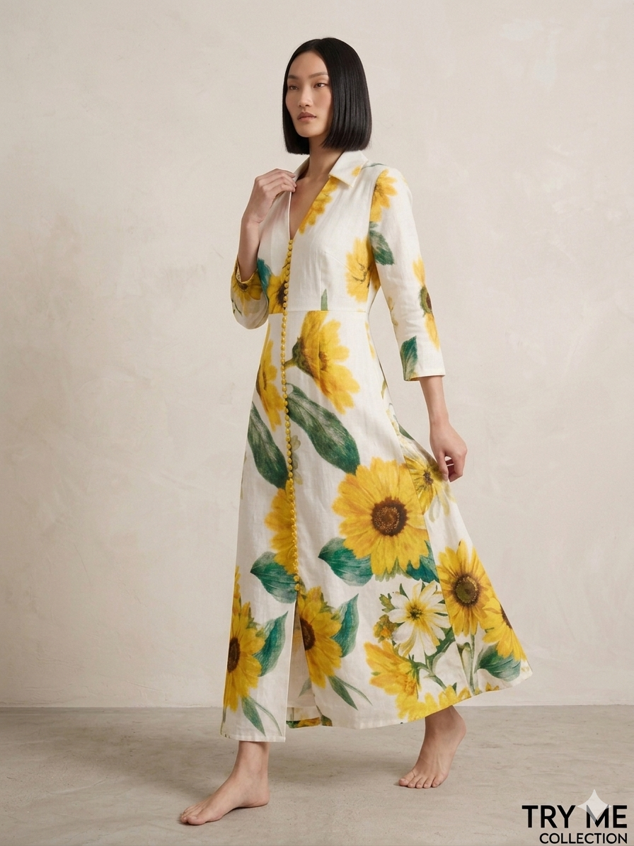 Sunflower Print Button-Front Maxi Shirt Dress – TRY ME