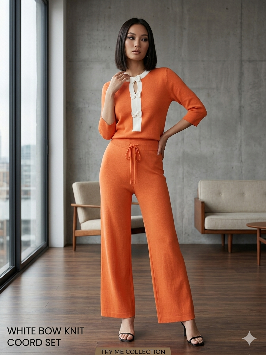 Orange White Bow Knit Co-ord Set – TRY ME