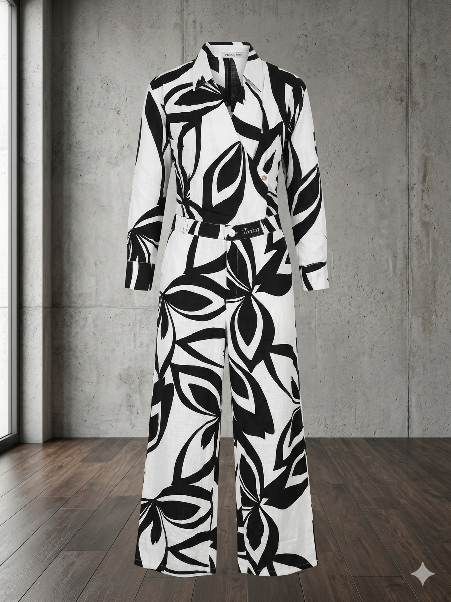 Black & White Abstract Print Belted Shirt & Wide-Leg Trouser Co-ord Set – TRY ME
