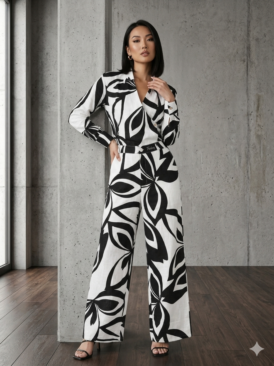 Black & White Abstract Print Belted Shirt & Wide-Leg Trouser Co-ord Set – TRY ME