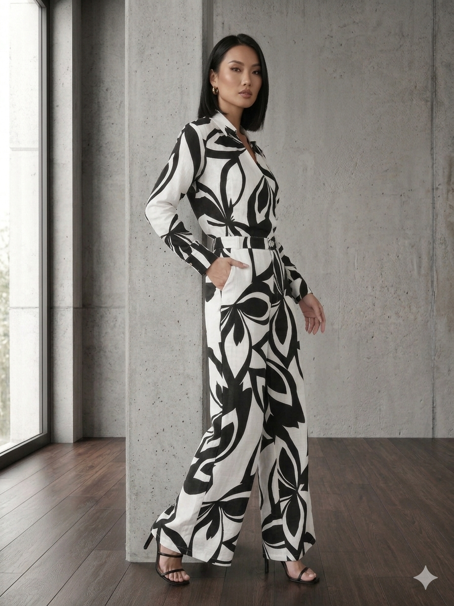 Black & White Abstract Print Belted Shirt & Wide-Leg Trouser Co-ord Set – TRY ME