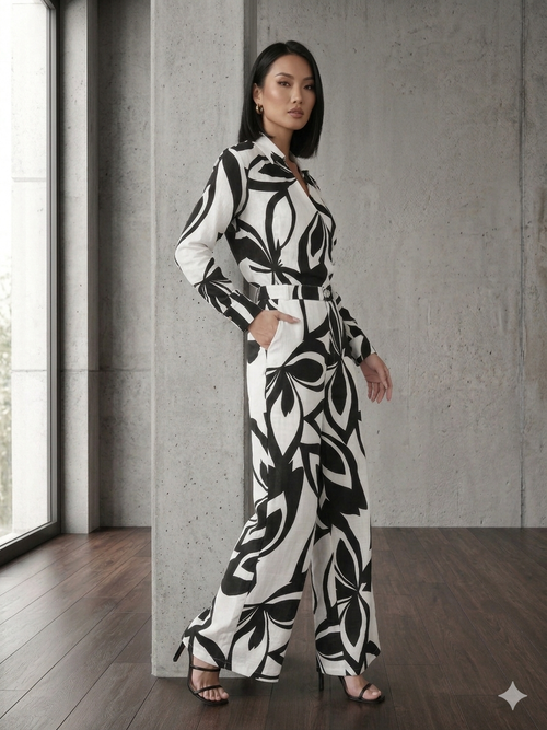 Black & White Abstract Print Belted Shirt & Wide-Leg Trouser Co-ord Set – TRY ME