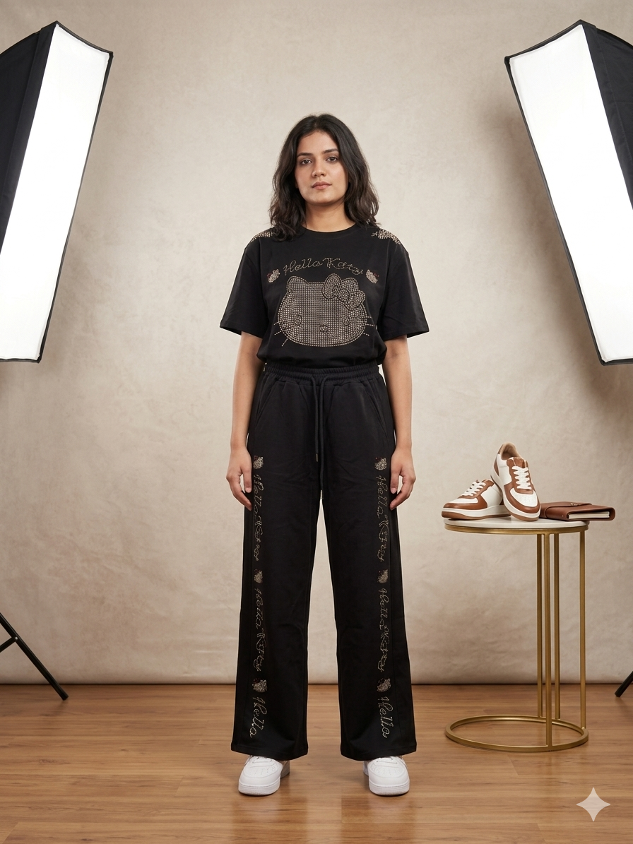 Black Hello Kitty Rhinestone Oversized Tee & Wide-Leg Trouser Co-ord Set – TRY ME