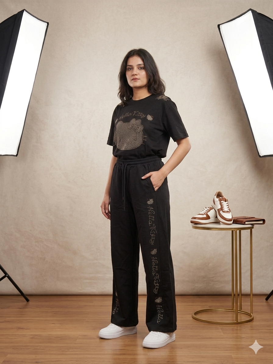Black Hello Kitty Rhinestone Oversized Tee & Wide-Leg Trouser Co-ord Set – TRY ME