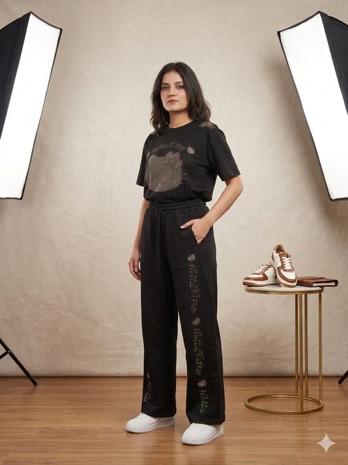Black Hello Kitty Rhinestone Oversized Tee & Wide-Leg Trouser Co-ord Set – TRY ME