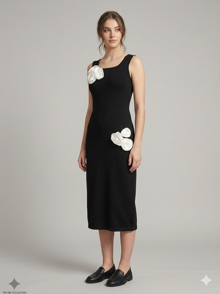 Black 3D White Floral Appliqué Sleeveless Midi Dress – TRY ME