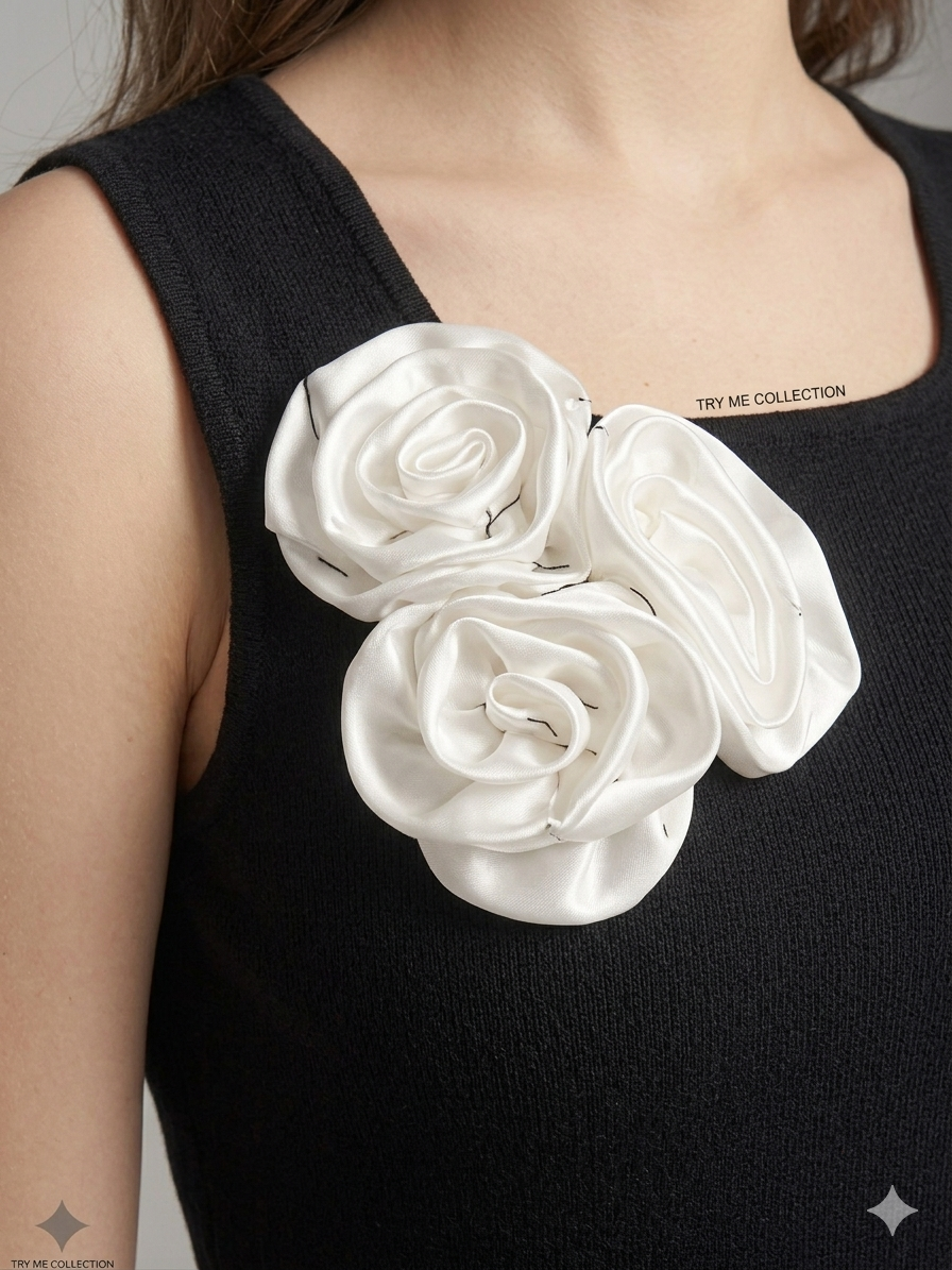 Black 3D White Floral Appliqué Sleeveless Midi Dress – TRY ME