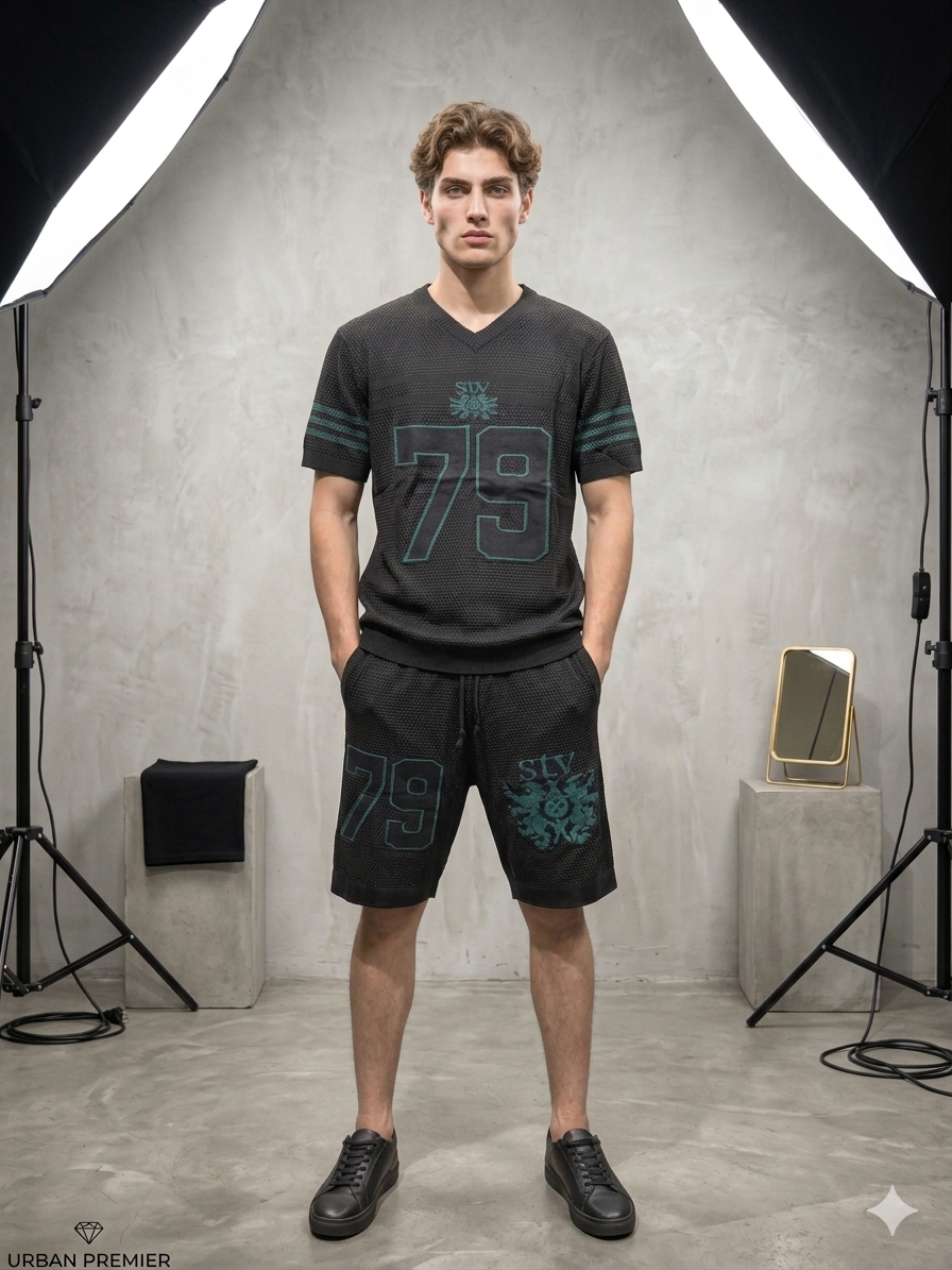 Black STV 79 Varsity Knit T-Shirt & Shorts Co-ord Set – TRY ME
