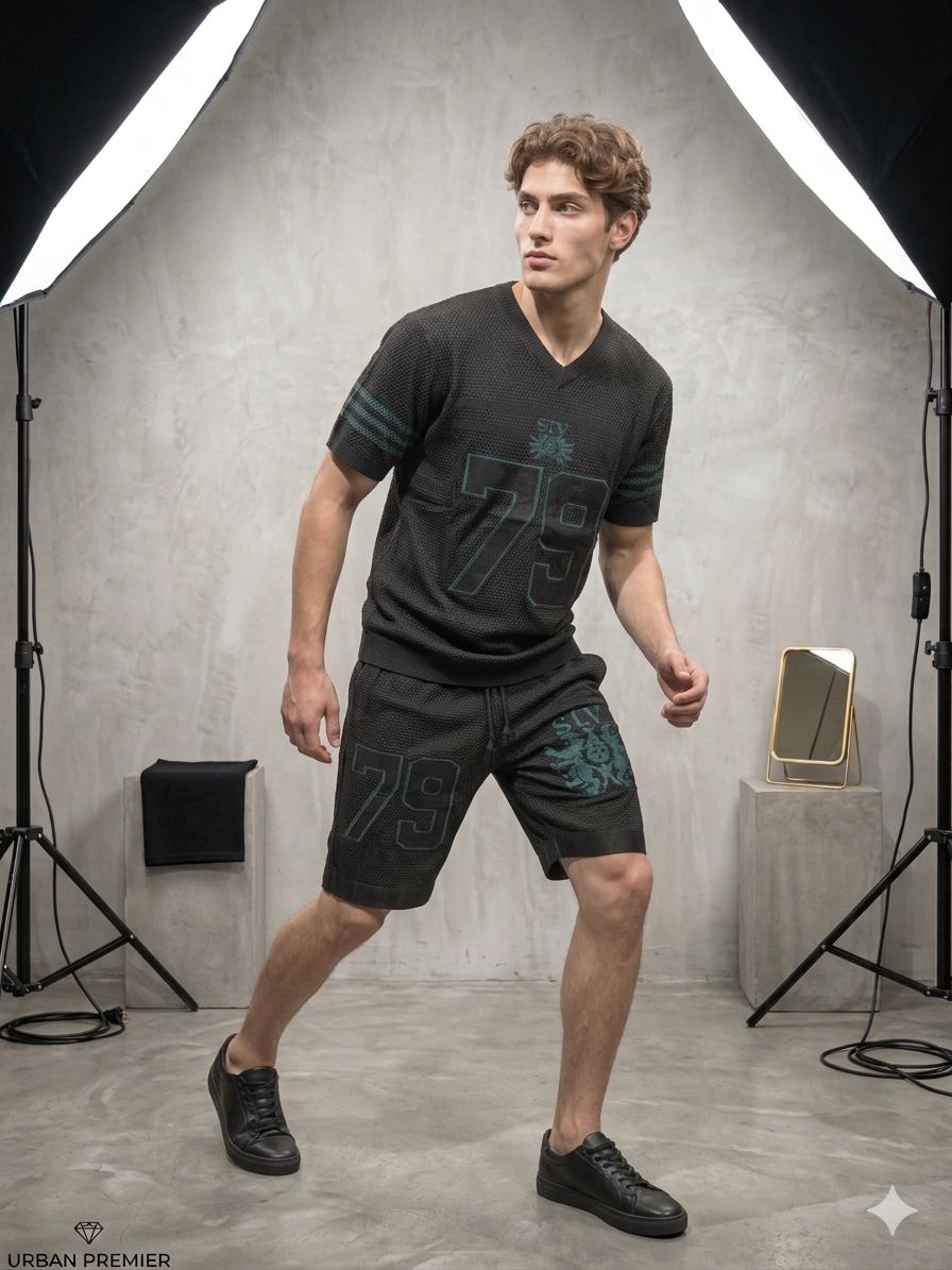 Black STV 79 Varsity Knit T-Shirt & Shorts Co-ord Set – TRY ME