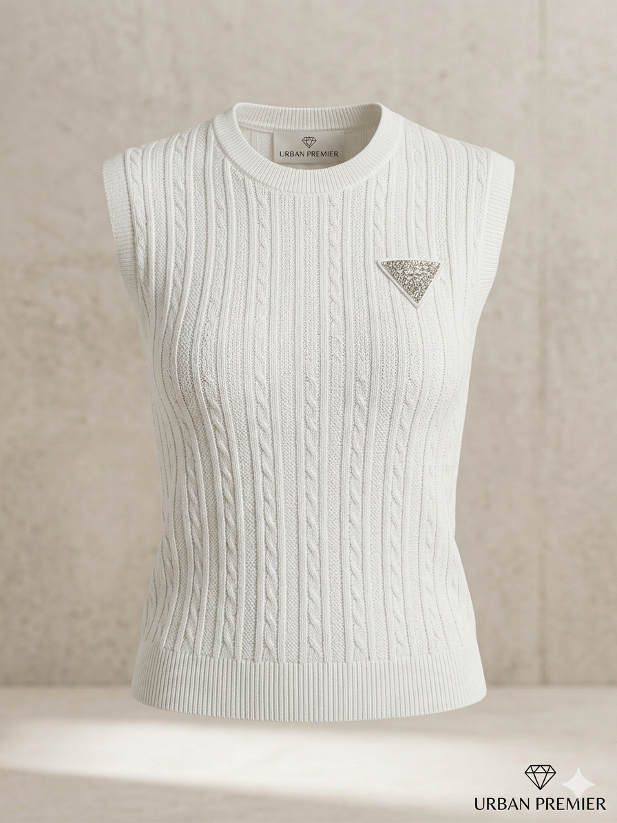 White Cable Knit Diamond Brooch Sleeveless Top – TRY ME