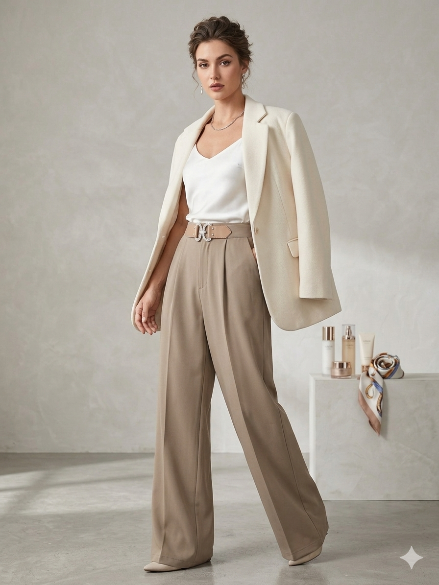 Beige Korean High-Waist Crystal Buckle Belt Wide-Leg Trousers – TRY ME