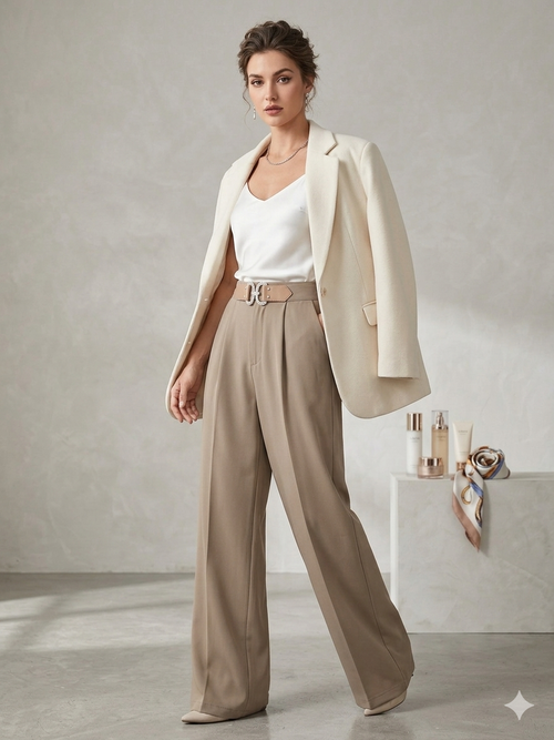 Beige Korean High-Waist Crystal Buckle Belt Wide-Leg Trousers – TRY ME