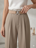 Beige Korean High-Waist Crystal Buckle Belt Wide-Leg Trousers – TRY ME