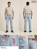 Ice Blue Light Wash Red Embroidery Straight Fit Denim Jeans – TRY ME