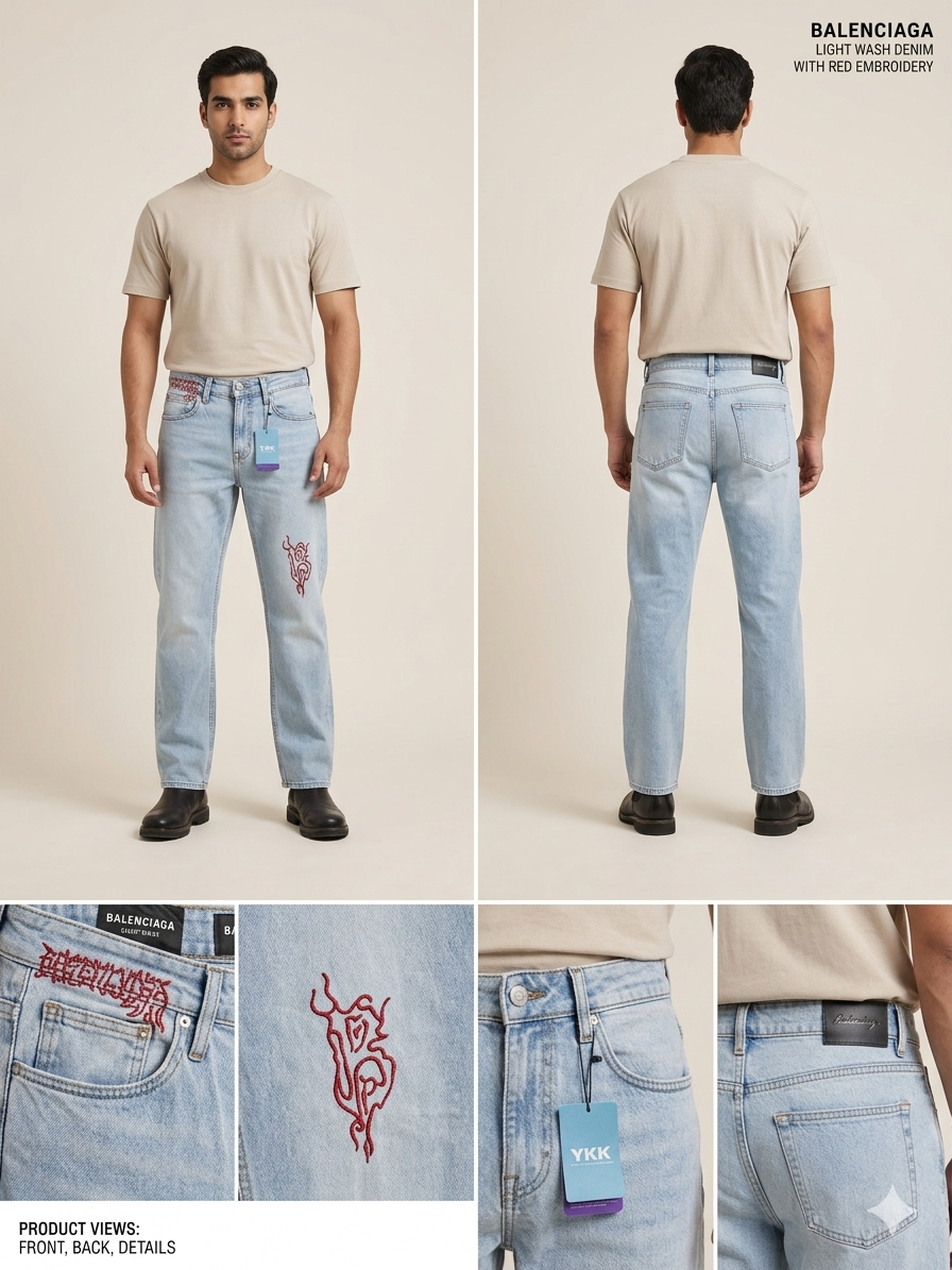 Ice Blue Light Wash Red Embroidery Straight Fit Denim Jeans – TRY ME
