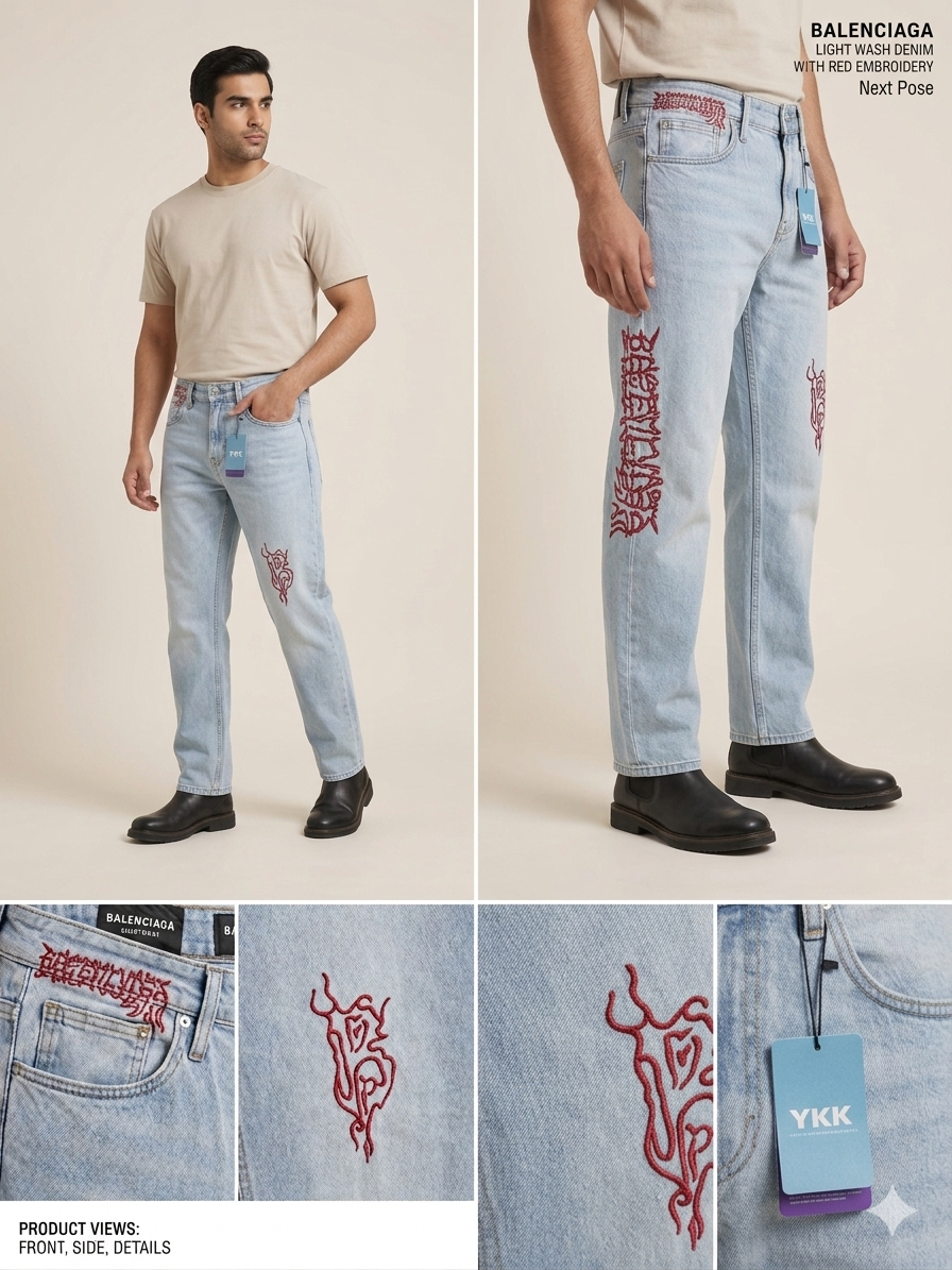 Ice Blue Light Wash Red Embroidery Straight Fit Denim Jeans – TRY ME