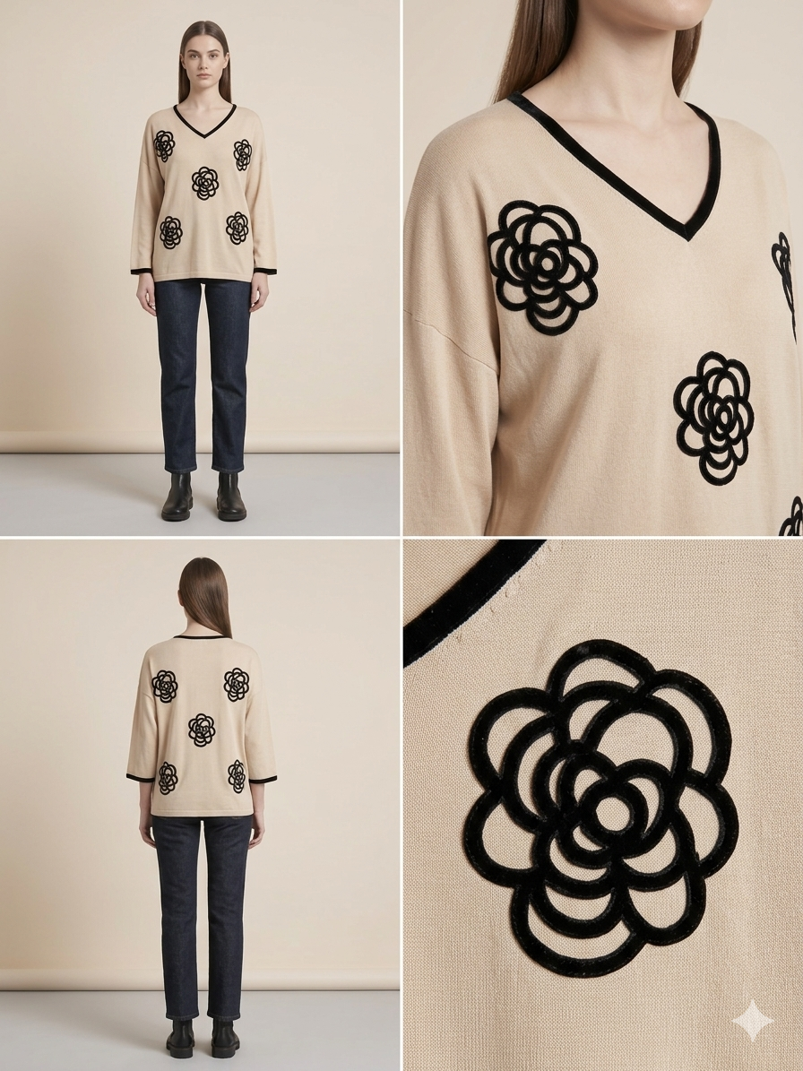 Beige Black Camellia Floral Appliqué V-Neck Knit Sweater Top – TRY ME