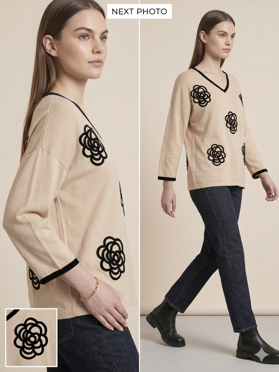 Beige Black Camellia Floral Appliqué V-Neck Knit Sweater Top – TRY ME