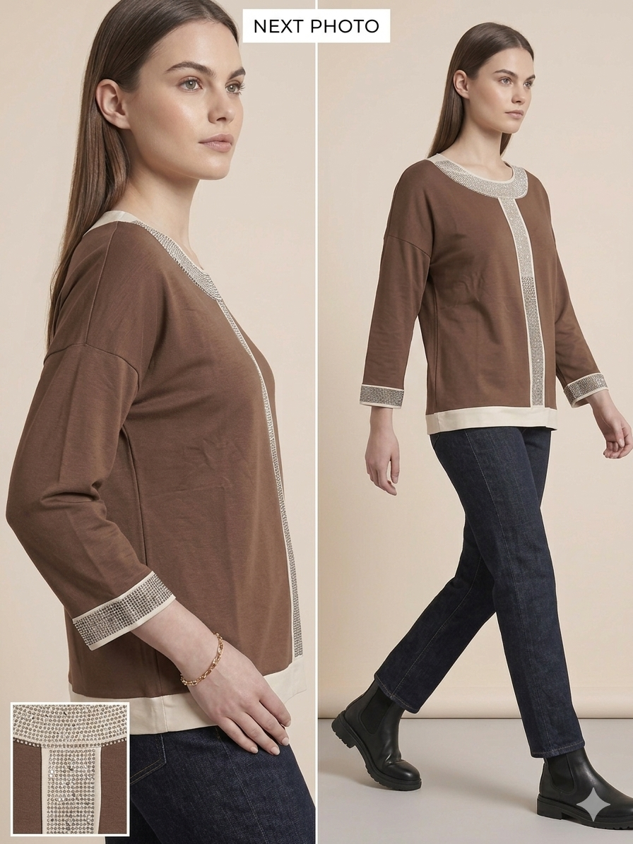 Brown Gold Embellished Trim Knit Sweater Top – TRY ME