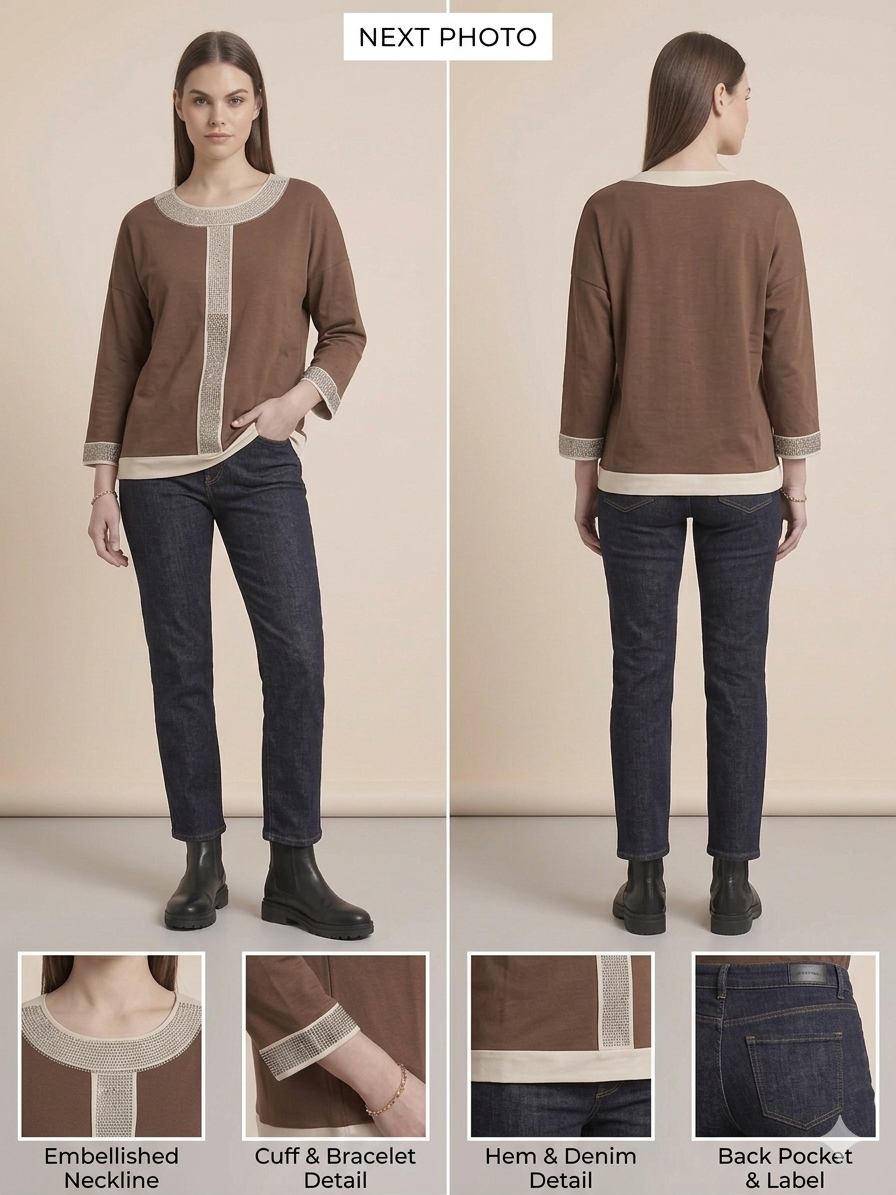 Brown Gold Embellished Trim Knit Sweater Top – TRY ME