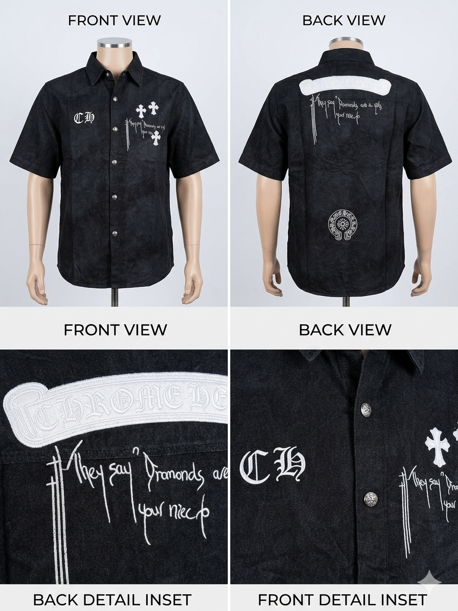 Black Chrome Hearts Inspired Cross Embroidery Short Sleeve Shirt – TRY ME