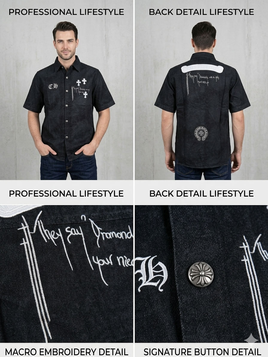 Black Chrome Hearts Inspired Cross Embroidery Short Sleeve Shirt – TRY ME