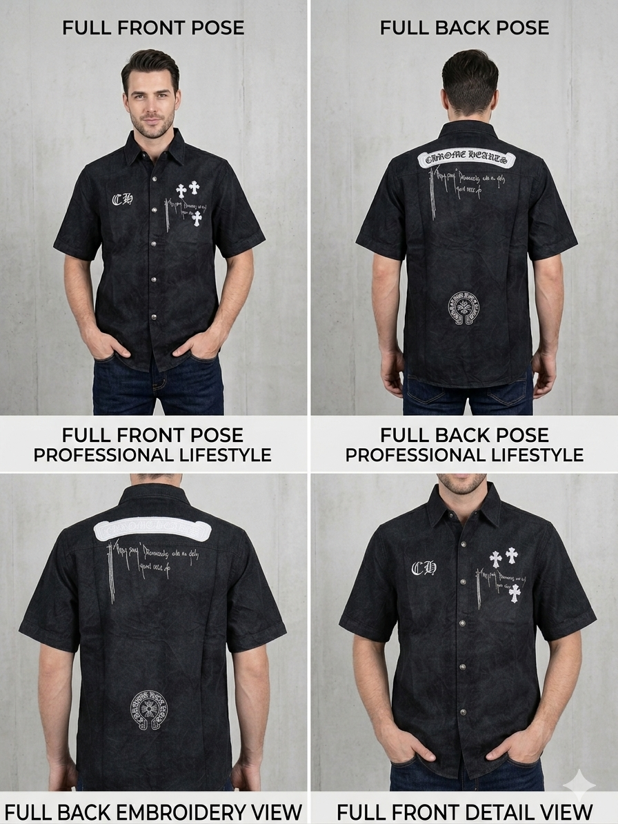 Black Chrome Hearts Inspired Cross Embroidery Short Sleeve Shirt – TRY ME