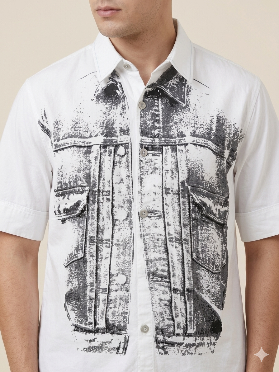 Black Denim Jacket Trompe L’oeil Print Short Sleeve Shirt – TRY ME