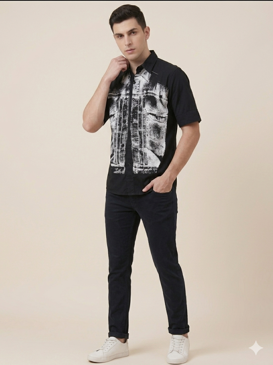 Black Denim Jacket Trompe L’oeil Print Short Sleeve Shirt – TRY ME