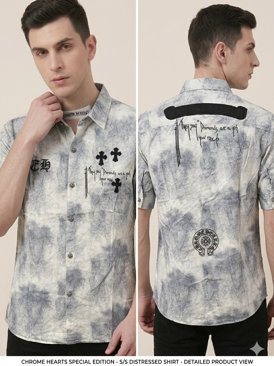 Grey Tie-Dye Chrome Hearts Special Edition Distressed Short Sleeve Shirt – TRY ME