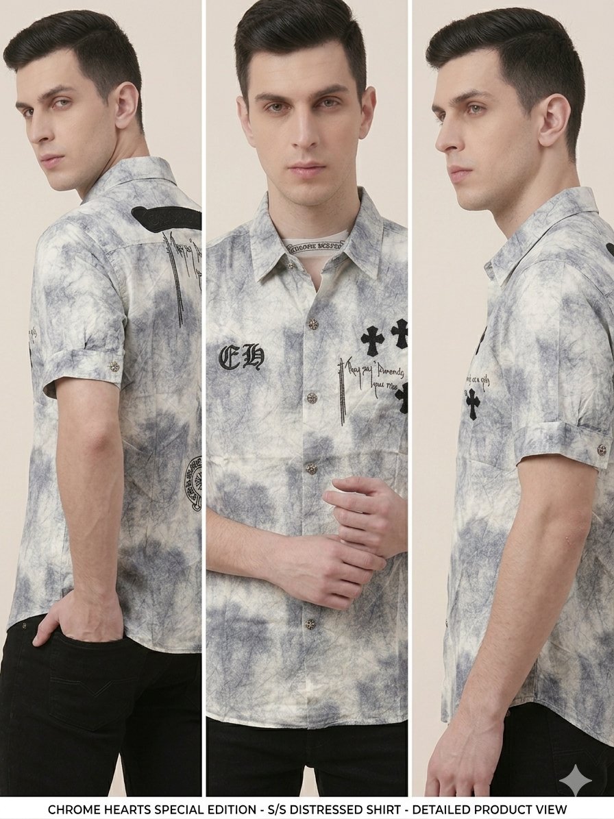 Grey Tie-Dye Chrome Hearts Special Edition Distressed Short Sleeve Shirt – TRY ME