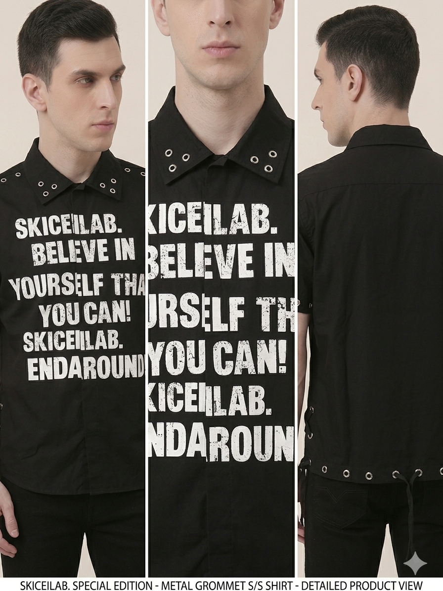 Black Skiceilab Metal Grommet Slogan Print Short Sleeve Shirt – TRY ME