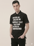 Black Skiceilab Metal Grommet Slogan Print Short Sleeve Shirt – TRY ME