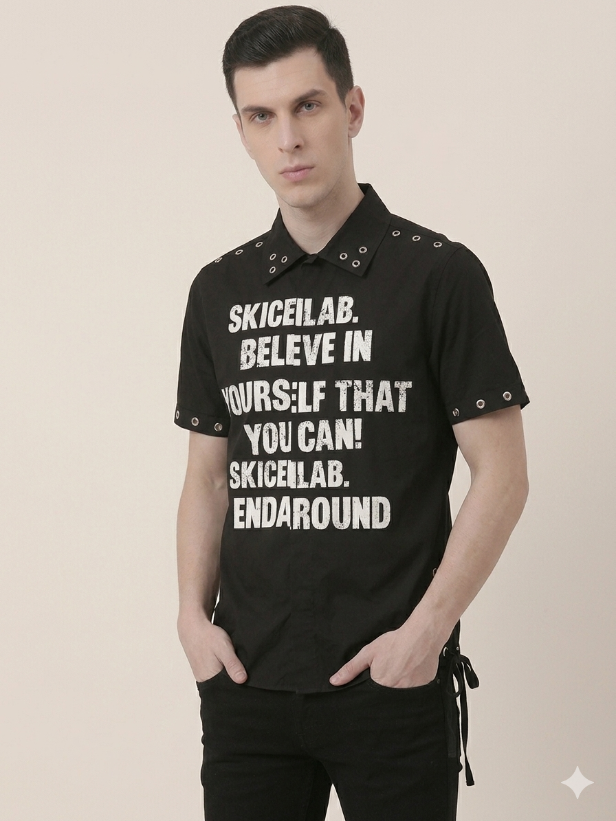 Black Skiceilab Metal Grommet Slogan Print Short Sleeve Shirt – TRY ME