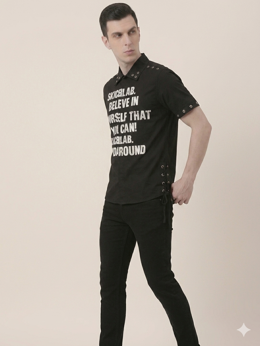 Black Skiceilab Metal Grommet Slogan Print Short Sleeve Shirt – TRY ME
